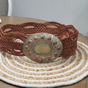 Handmade Vintage Brown Woven Leather Silver/Brass Studded Stone Belt Buckle, Lar
